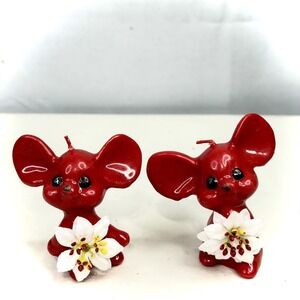 Lot of 2 Vintage Red Christmas Mouse Candle With Holly Small 3" Unburned Retro